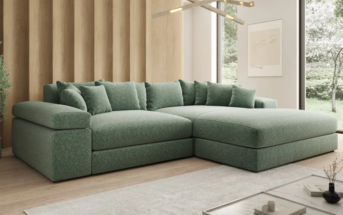Designer Ecksofa Bernardo mit breiter Ottomane in Strukturstoff