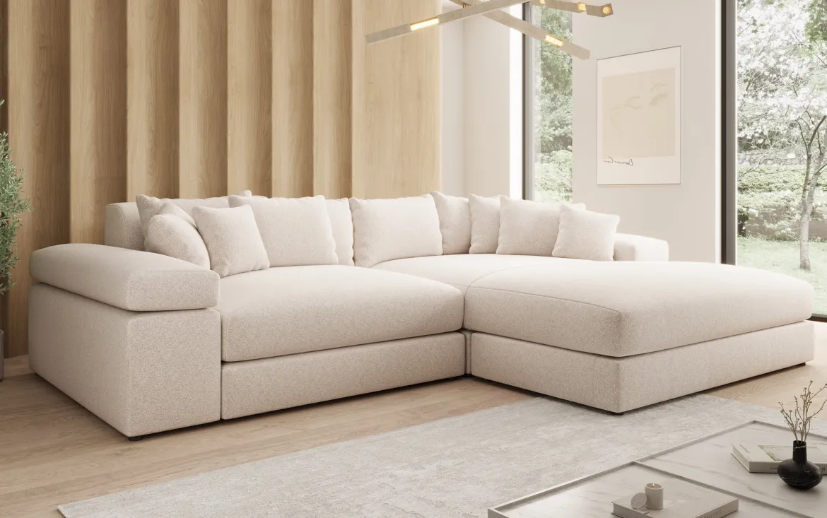 Designer Ecksofa Bernardo mit breiter Ottomane in Strukturstoff