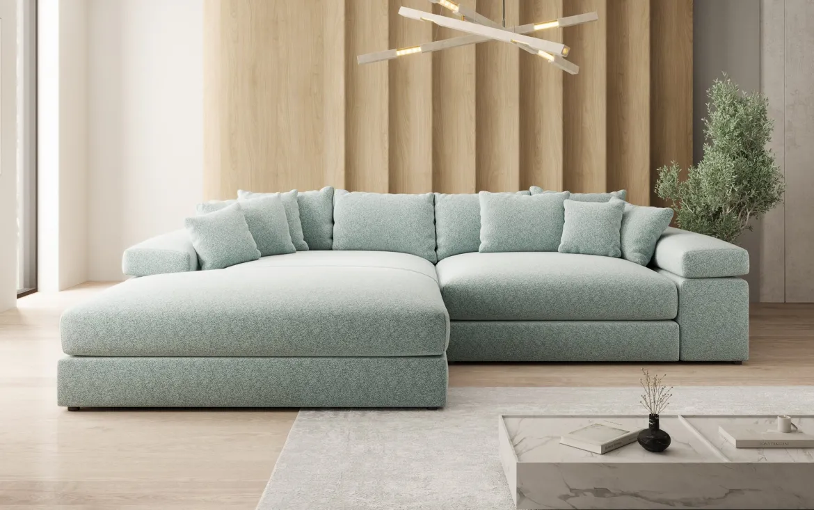 Designer Ecksofa Bernardo mit breiter Ottomane in Strukturstoff