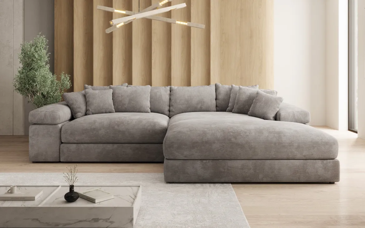 Designer Ecksofa Bernardo mit breiter Ottomane in Cord