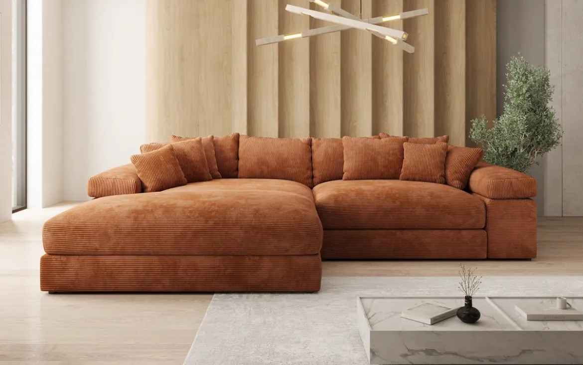 Designer Ecksofa Bernardo mit breiter Ottomane in Cord