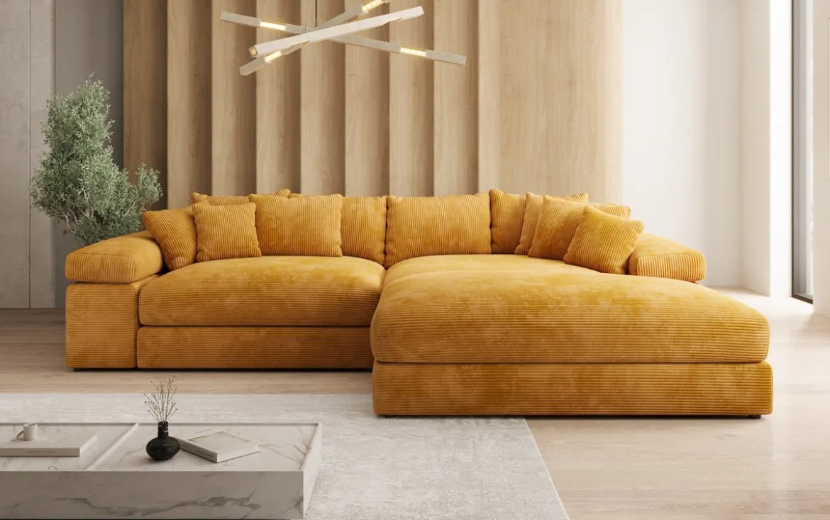 Designer Ecksofa Bernardo mit breiter Ottomane in Cord