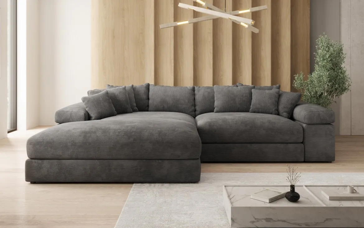 Designer Ecksofa Bernardo mit breiter Ottomane in Cord