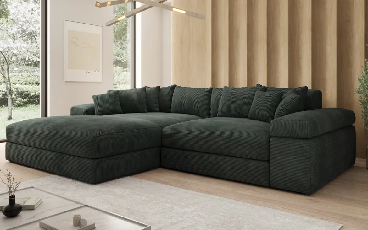 Designer Ecksofa Bernardo mit breiter Ottomane in Cord