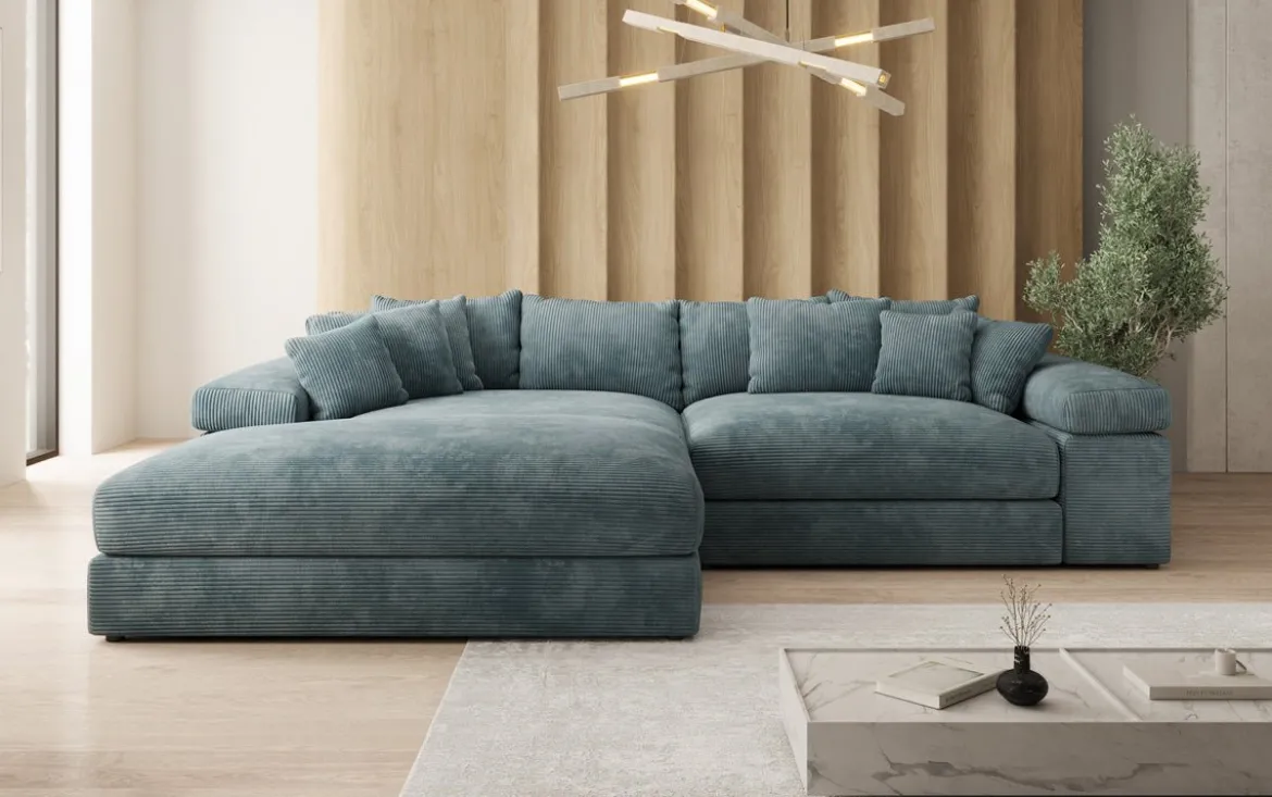Designer Ecksofa Bernardo mit breiter Ottomane in Cord