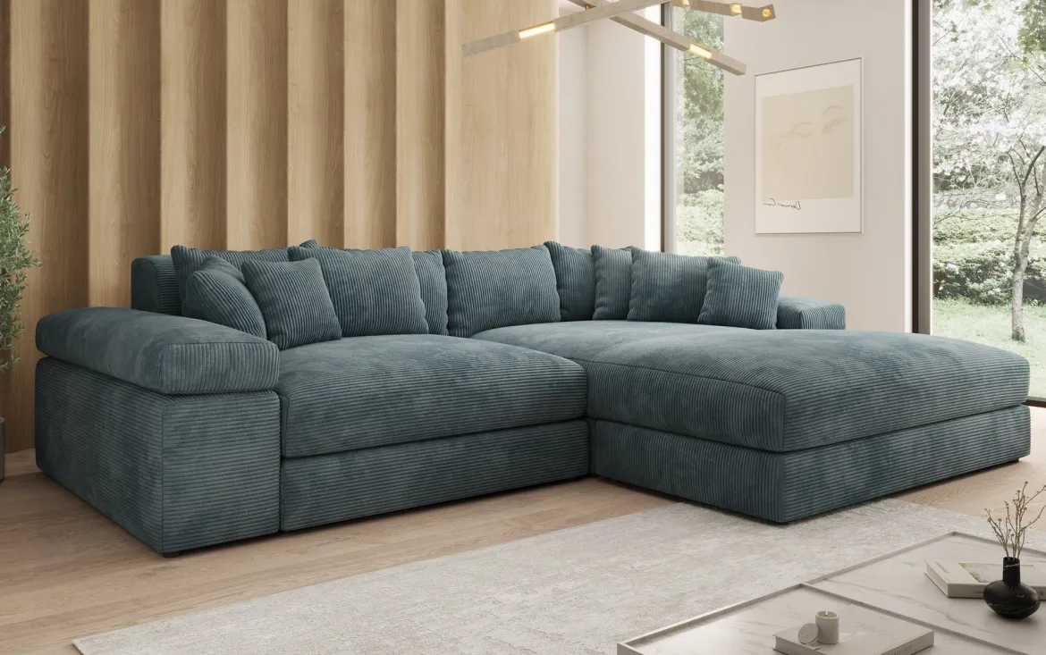Designer Ecksofa Bernardo mit breiter Ottomane in Cord