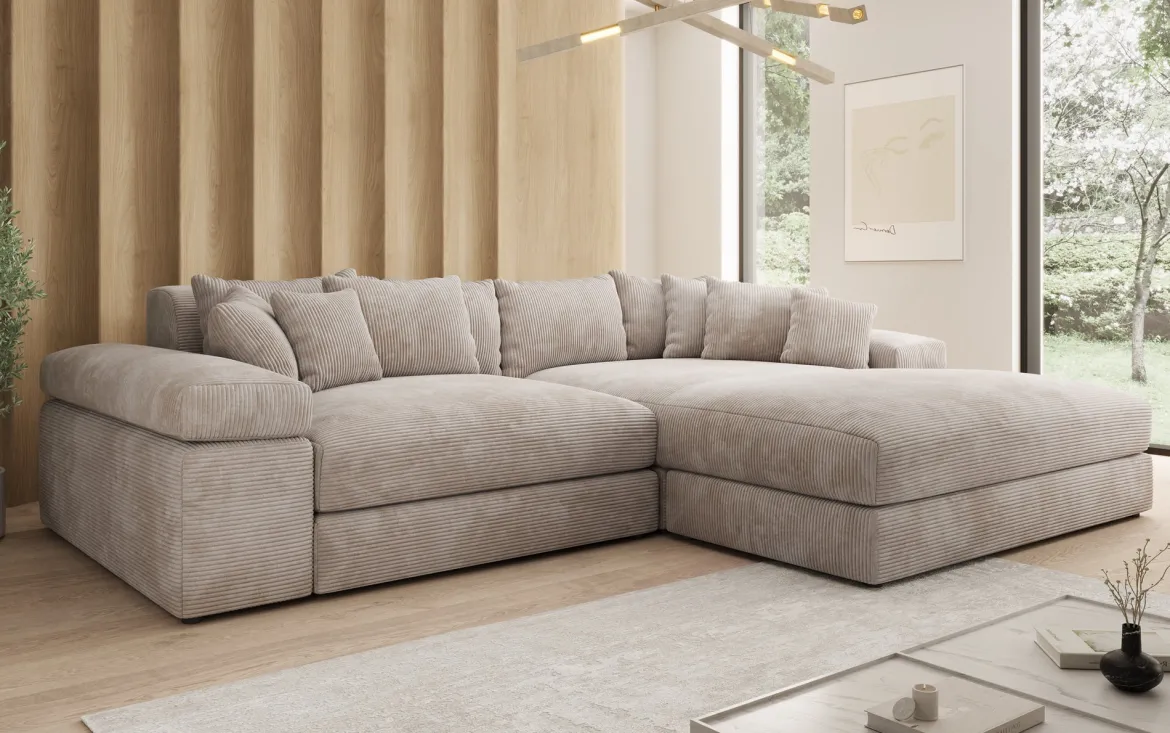 Designer Ecksofa Bernardo mit breiter Ottomane in Cord