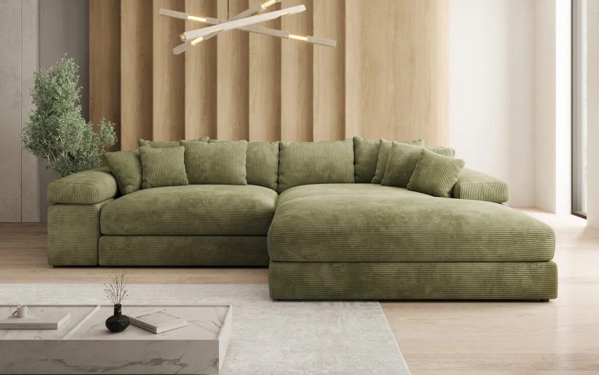 Designer Ecksofa Bernardo mit breiter Ottomane in Cord