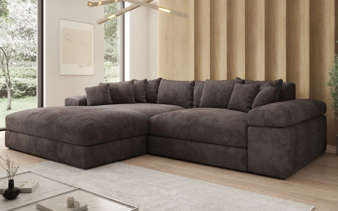 Designer Ecksofa Bernardo mit breiter Ottomane in Cord