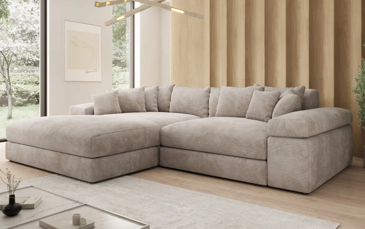 Designer Ecksofa Bernardo mit breiter Ottomane in Cord