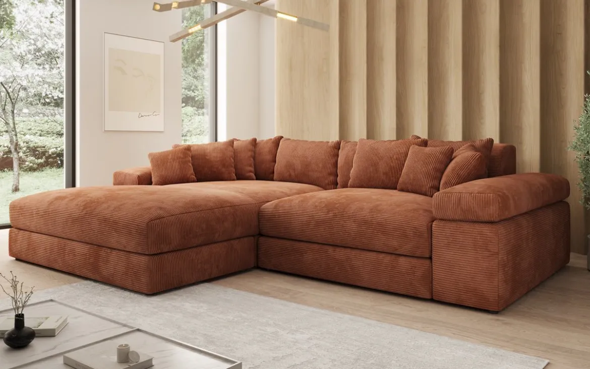 Designer Ecksofa Bernardo mit breiter Ottomane in Cord