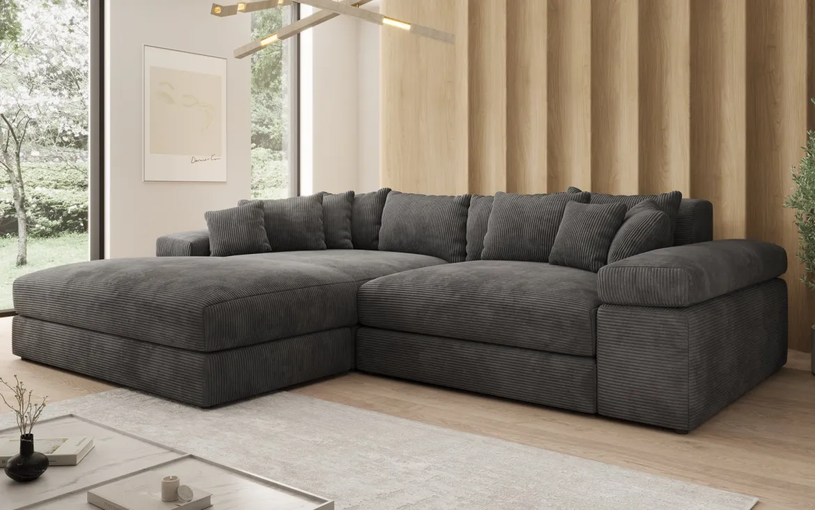 Designer Ecksofa Bernardo mit breiter Ottomane in Cord
