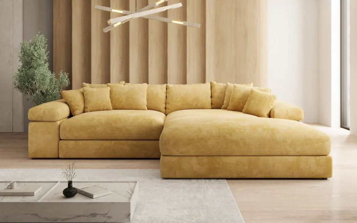 Designer Ecksofa Bernardo mit breiter Ottomane in Cord