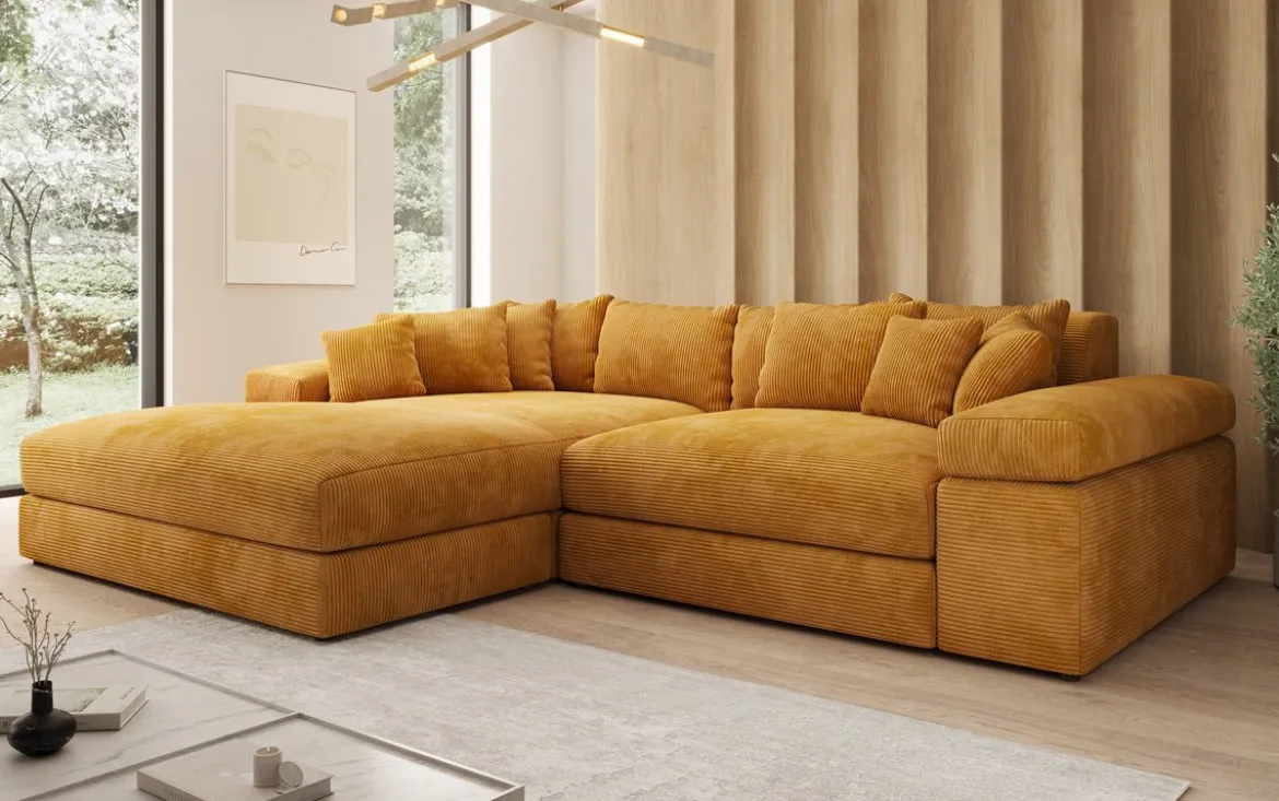 Designer Ecksofa Bernardo mit breiter Ottomane in Cord