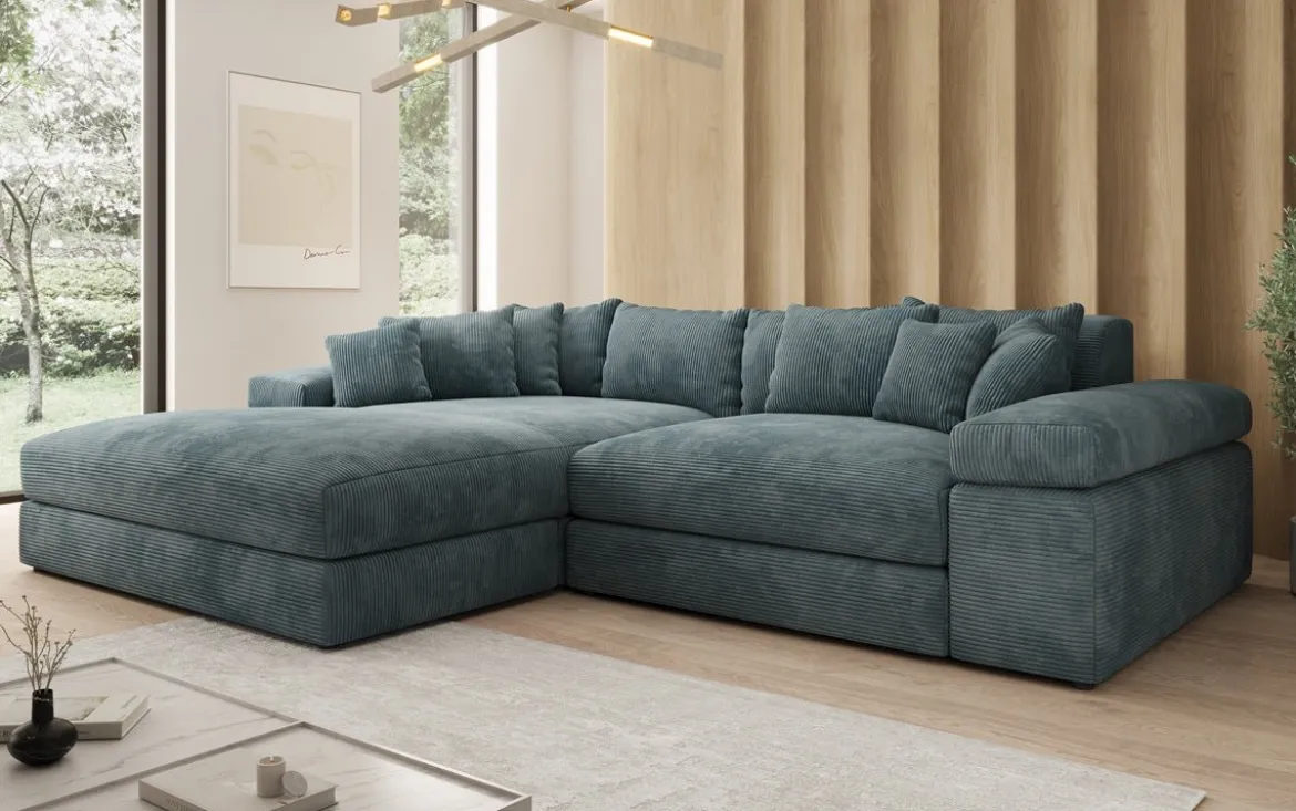 Designer Ecksofa Bernardo mit breiter Ottomane in Cord