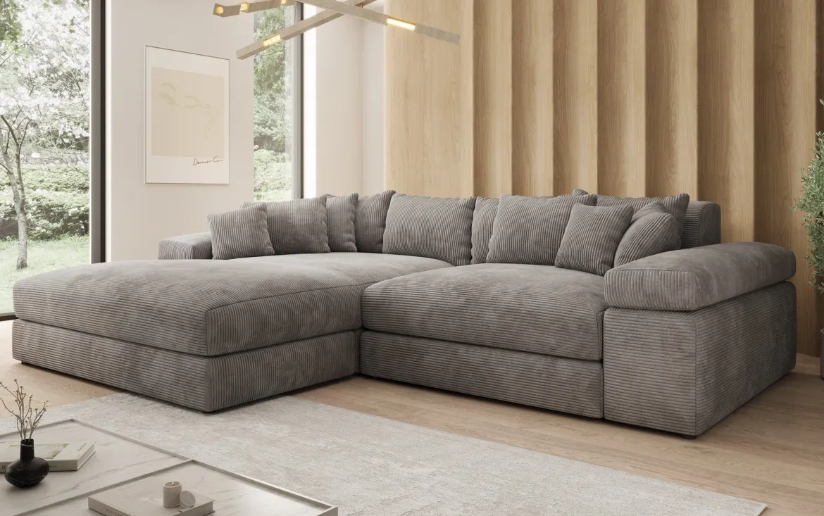 Designer Ecksofa Bernardo mit breiter Ottomane in Cord