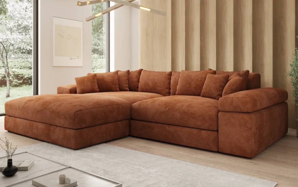 Designer Ecksofa Bernardo mit breiter Ottomane in Cord