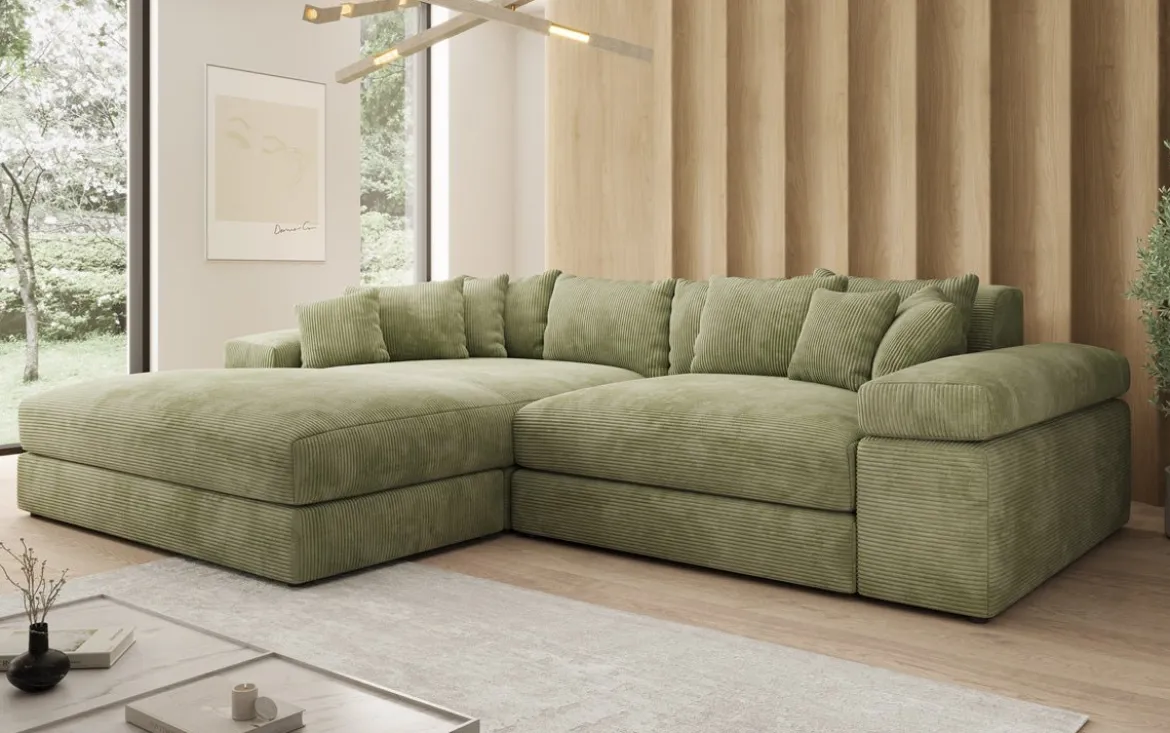 Designer Ecksofa Bernardo mit breiter Ottomane in Cord