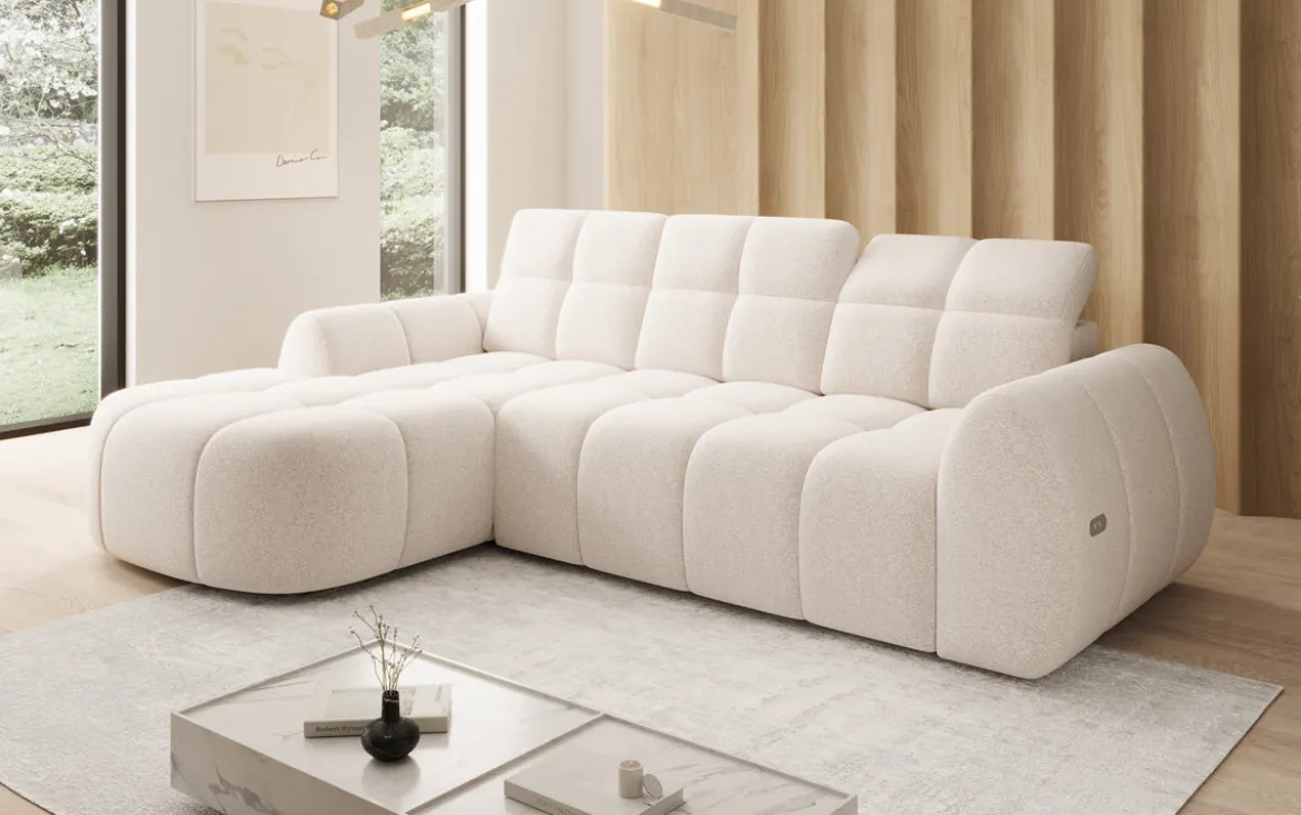 Designer Ecksofa Bjork in Strukturstoff mit elektrischer Sitzerweiterung
