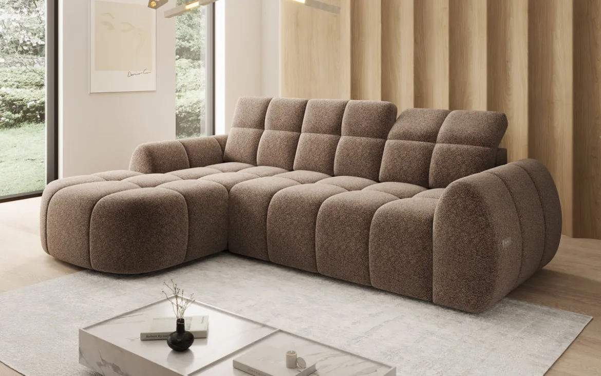 Designer Ecksofa Bjork in Strukturstoff mit elektrischer Sitzerweiterung