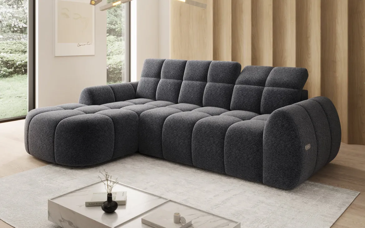 Designer Ecksofa Bjork in Strukturstoff mit elektrischer Sitzerweiterung