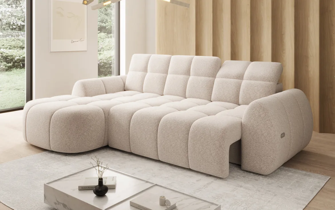 Designer Ecksofa Bjork in Strukturstoff mit elektrischer Sitzerweiterung