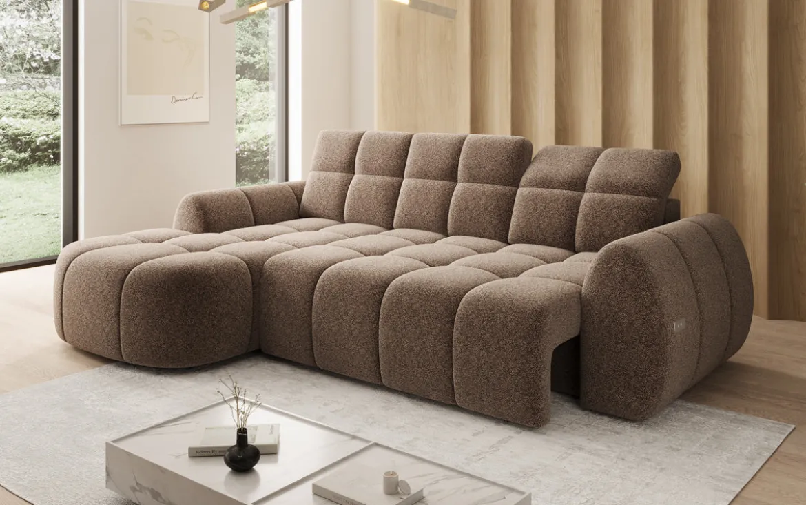 Designer Ecksofa Bjork in Strukturstoff mit elektrischer Sitzerweiterung