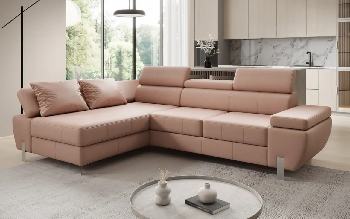 Designer Ecksofa Calista mit Schlaffunktion und Stauraum in Echtleder
