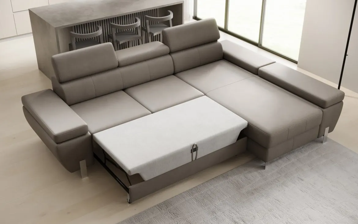 Designer Ecksofa Calista mit Schlaffunktion und Stauraum in Echtleder