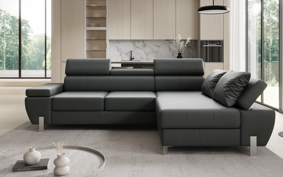 Designer Ecksofa Calista mit Schlaffunktion und Stauraum in Echtleder