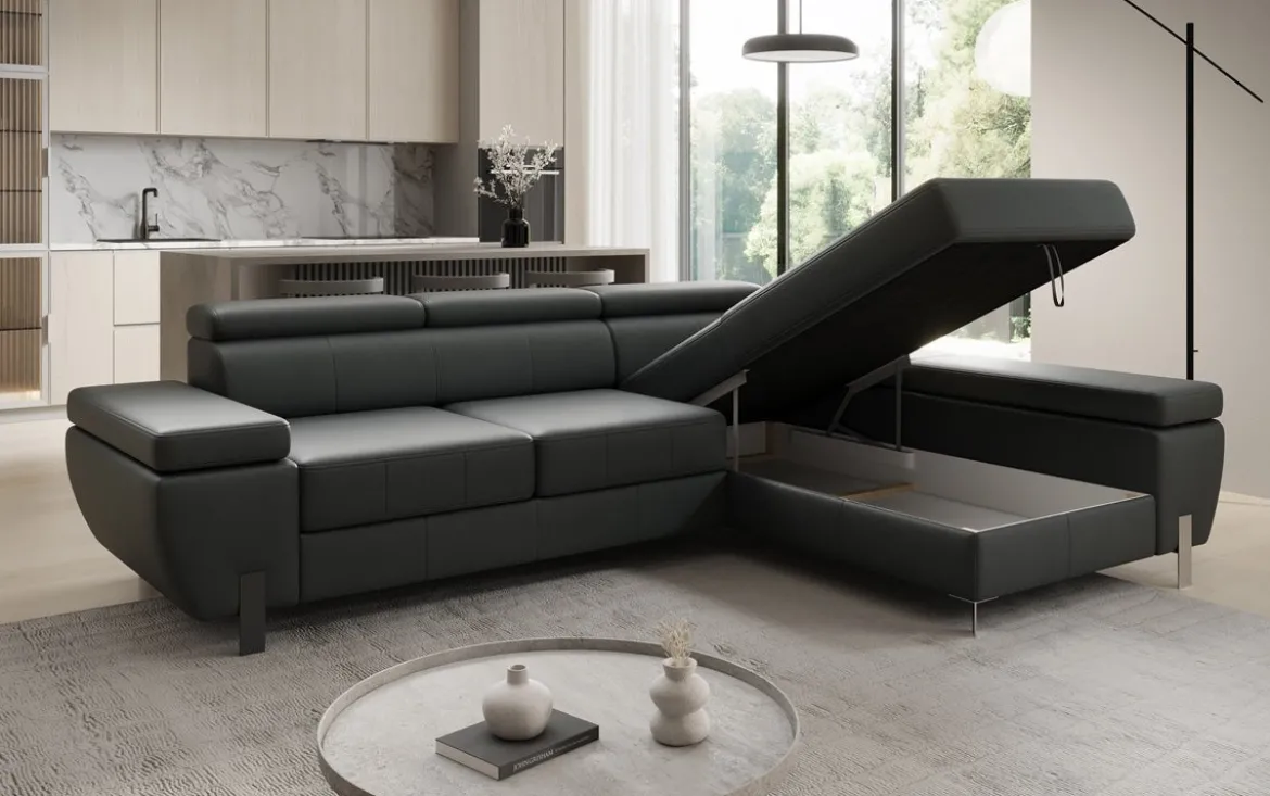 Designer Ecksofa Calista mit Schlaffunktion und Stauraum in Echtleder