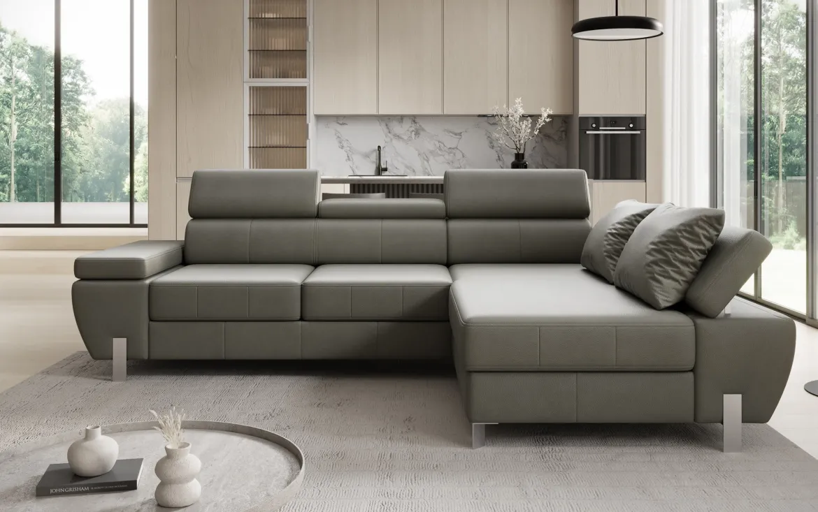 Designer Ecksofa Calista mit Schlaffunktion und Stauraum in Echtleder