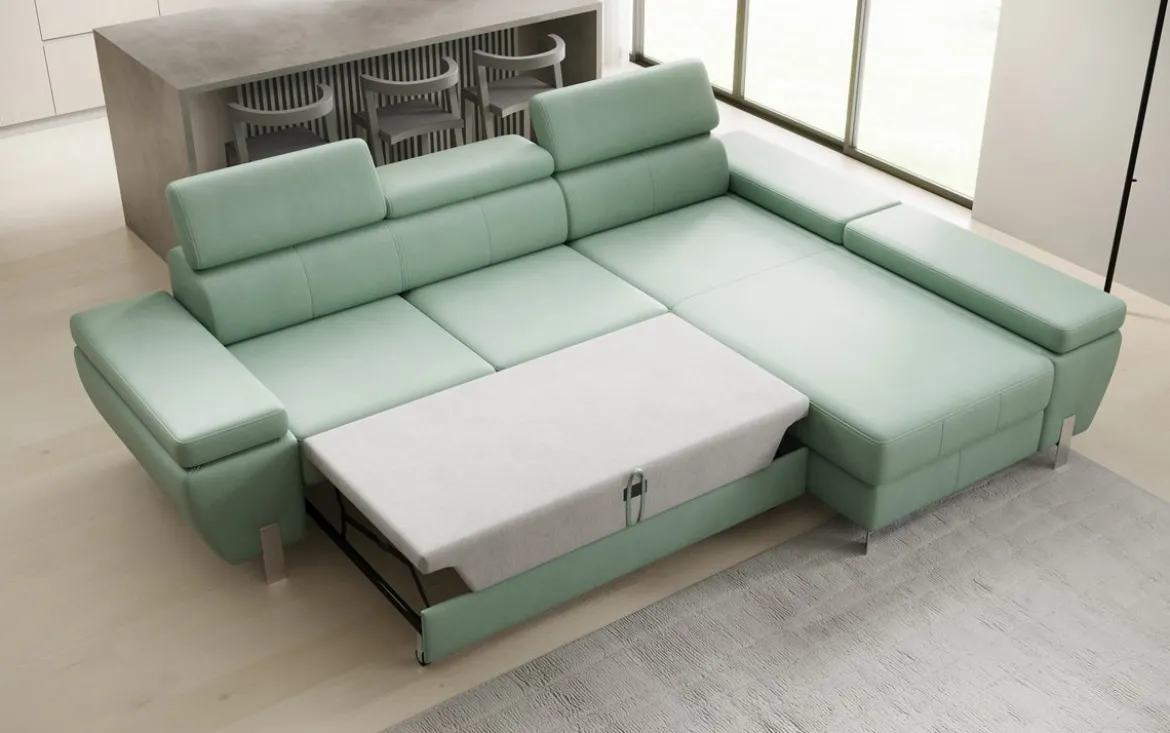 Designer Ecksofa Calista mit Schlaffunktion und Stauraum in Echtleder