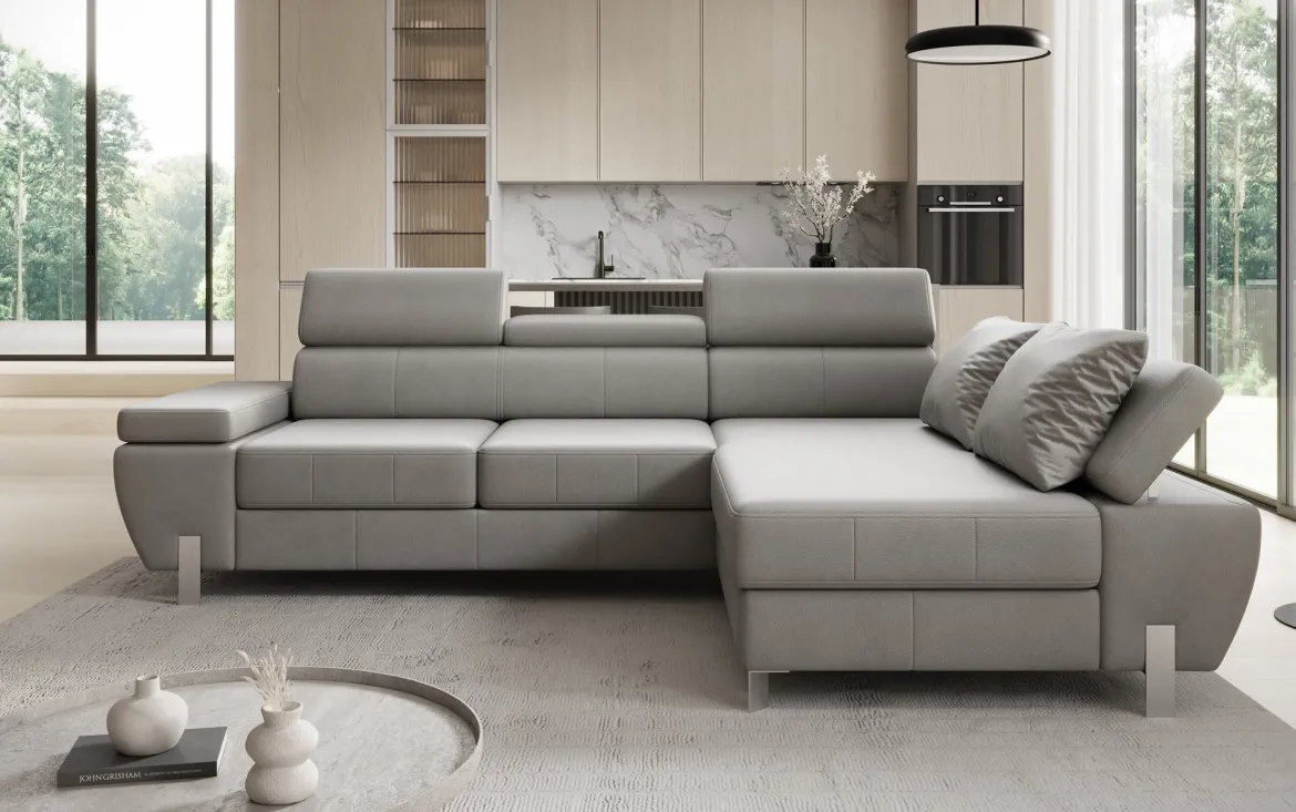 Designer Ecksofa Calista mit Schlaffunktion und Stauraum in Echtleder