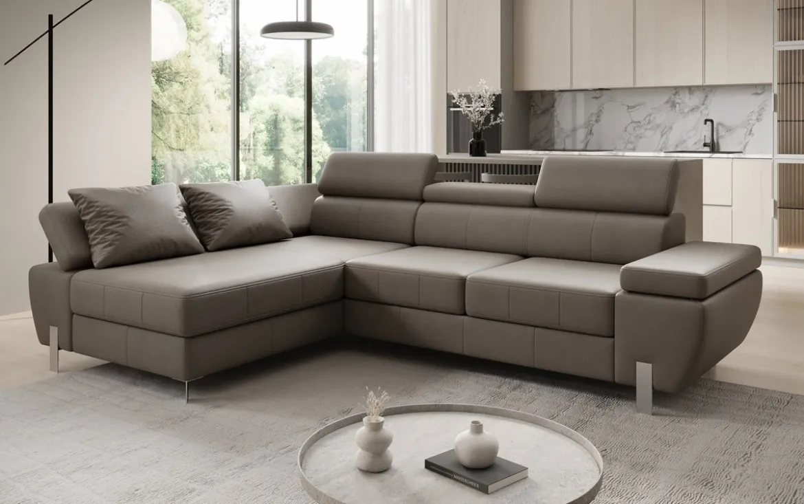 Designer Ecksofa Calista mit Schlaffunktion und Stauraum in Echtleder