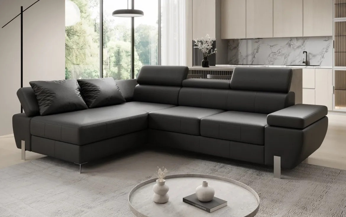 Designer Ecksofa Calista mit Schlaffunktion und Stauraum in Echtleder