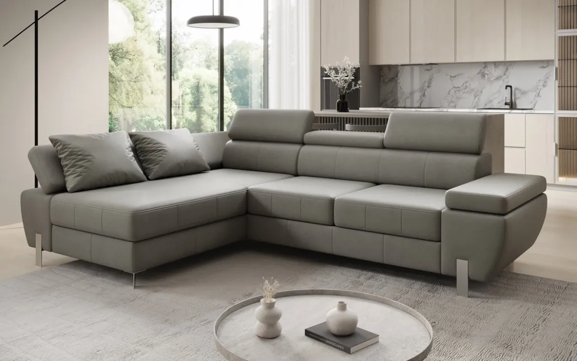 Designer Ecksofa Calista mit Schlaffunktion und Stauraum in Echtleder