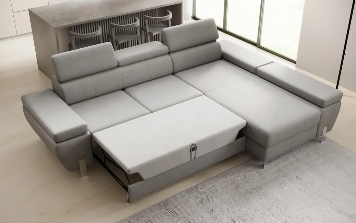 Designer Ecksofa Calista mit Schlaffunktion und Stauraum in Echtleder