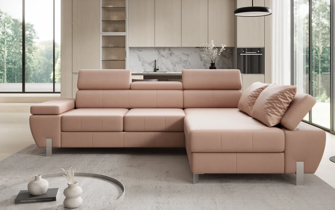 Designer Ecksofa Calista mit Schlaffunktion und Stauraum in Echtleder