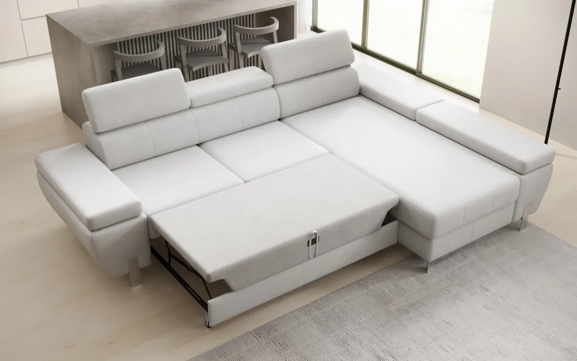 Designer Ecksofa Calista mit Schlaffunktion und Stauraum in Echtleder