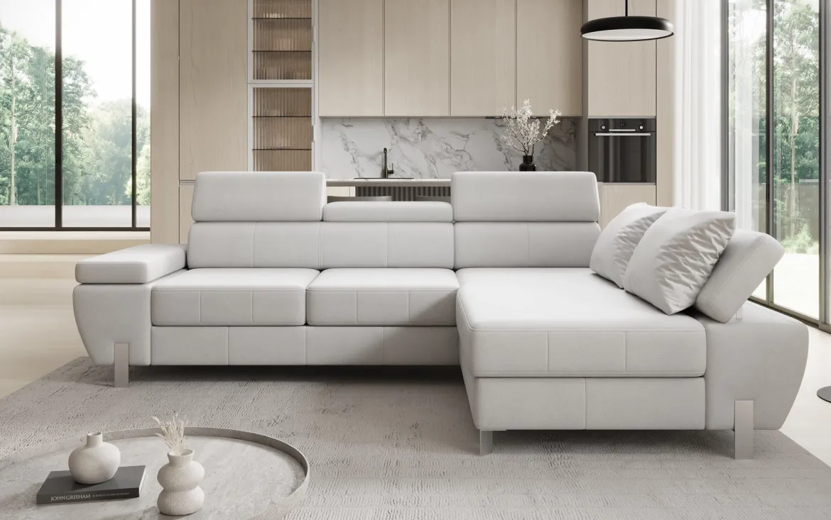 Designer Ecksofa Calista mit Schlaffunktion und Stauraum in Echtleder