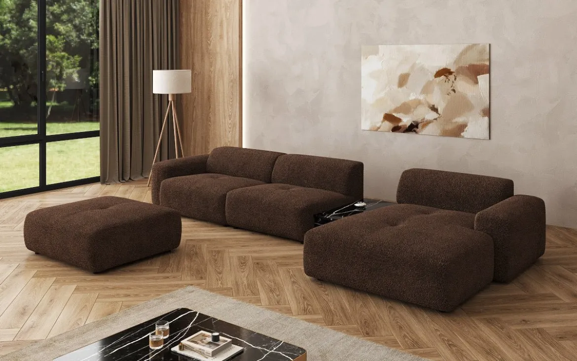 Designer Ecksofa Calm mit Beistellhocker und Beistelltisch in Bouclé