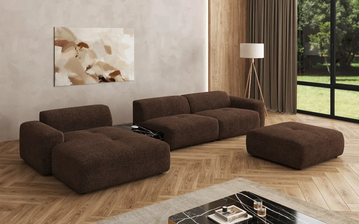 Designer Ecksofa Calm mit Beistellhocker und Beistelltisch in Bouclé