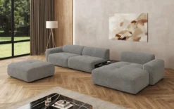 Designer Ecksofa Calm mit Beistellhocker und Beistelltisch in Bouclé