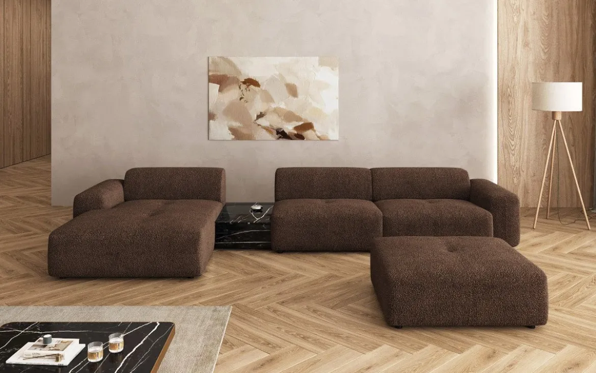 Designer Ecksofa Calm mit Beistellhocker und Beistelltisch in Bouclé