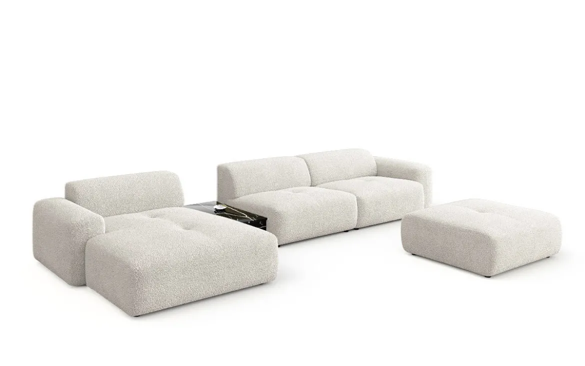 Designer Ecksofa Calm mit Beistellhocker und Beistelltisch in Bouclé