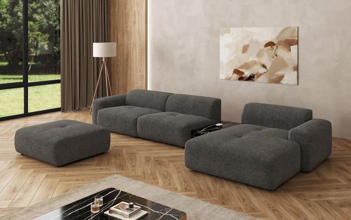 Designer Ecksofa Calm mit Beistellhocker und Beistelltisch in Bouclé