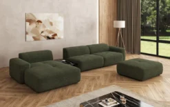 Designer Ecksofa Calm mit Beistellhocker und Beistelltisch in Bouclé