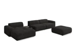 Designer Ecksofa Calm mit Beistellhocker und Beistelltisch in Bouclé