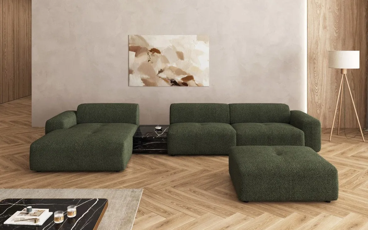 Designer Ecksofa Calm mit Beistellhocker und Beistelltisch in Bouclé